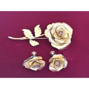 925 Sterling Vendome Gold Tone Vermeil Flower Brooch Natural Ruby/Earrings VTG
